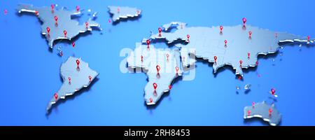 World map with global technology destination location concept. Network connection and global positioning system (GPS) concept. Abstract world map with Stock Photo
