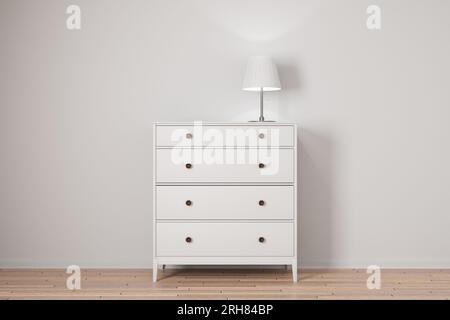 Modern chest of drawers in a bright room. There is a table lamp on a white chest of drawers. 3d render. Stock Photo