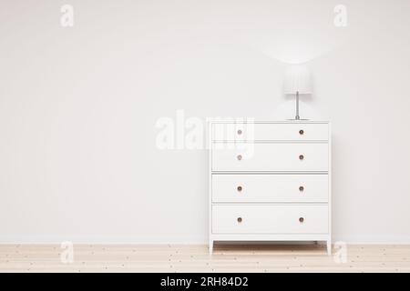 There is a table lamp on a white chest of drawers. Modern chest of drawers in a bright room. 3d render. Stock Photo