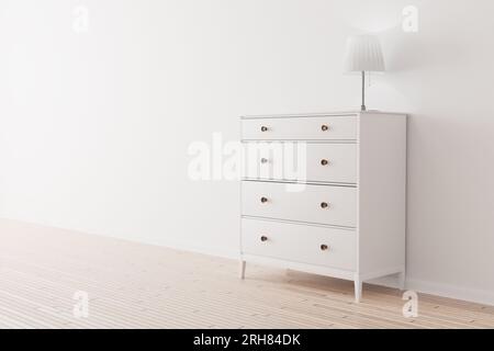 Modern chest of drawers in a bright room, side view. There is a table lamp on a white chest of drawers. 3d render. Stock Photo