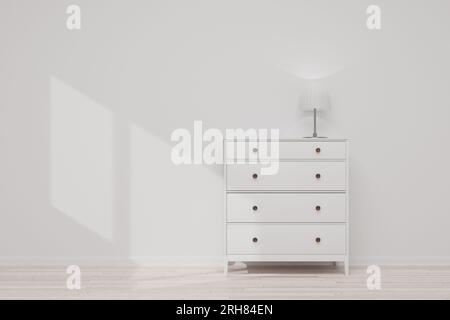 Modern chest of drawers in a bright room with light from the window. There is a table lamp on a white chest of drawers. 3d render. Stock Photo