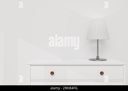 Modern chest of drawers in a bright room with light from the window. Place for your design. Free space on the wall. 3d render. Stock Photo