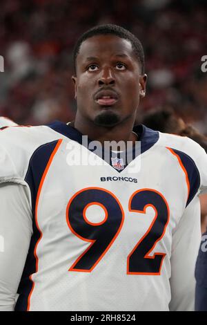 Denver Broncos defensive lineman Jonathan Harris (92) plays against the  Tennessee Titans during the first half of an NFL football game Sunday, Nov.  13, 2022, in Nashville, Tenn. (AP Photo/Mark Zaleski Stock