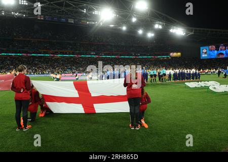 Sydney, Australia. 12th Aug, 2023. National Anthems during the FIFA Women's World Cup 2023 Quarter Final match between England Women and Colombia Women at Stadium Australia, Sydney, Australia on 12 August 2023. Photo by Peter Dovgan. Editorial use only, license required for commercial use. No use in betting, games or a single club/league/player publications. Credit: UK Sports Pics Ltd/Alamy Live News Stock Photo