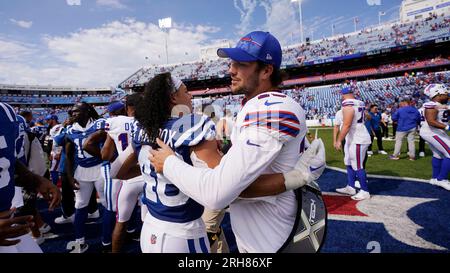 Buffalo Bills quarterback Josh Allen (17) during the national anthem before  an NFL pre-season football game against the Indianapolis Colts, Saturday,  Aug. 12, 2023, in Orchard Park, N.Y. Buffalo defeated the Colts