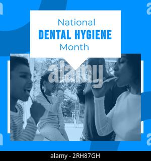 Composite of national dental hygiene month text over biracial parents and children brushing teeth. Family, together, childhood, home, healthcare, dent Stock Photo