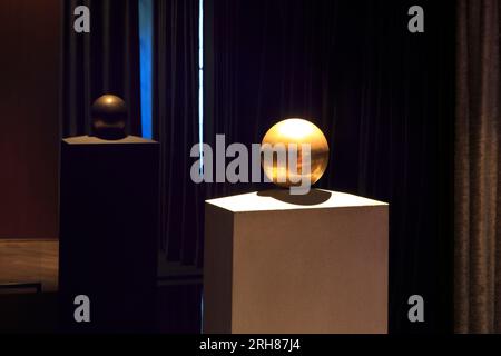 Gilded urn with the ashes of the Serbian-American inventor and electrical engineer Nikola Tesla (1856-1943) in Belgrade, Serbia Stock Photo