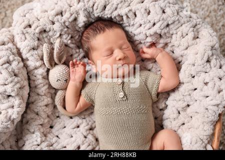 Adorable newborn baby sleeping with toy in basket, top view Stock Photo