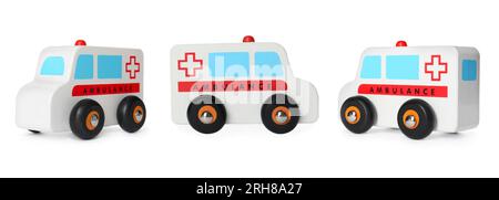 Ambulance isolated on white, different angles. Collage design with children's toy Stock Photo