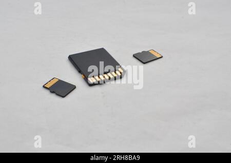 Close up of SD and microSD cards, symbols of compact and efficient storage on chips. Detail of SD and microSD cards, representing the modern concept o Stock Photo