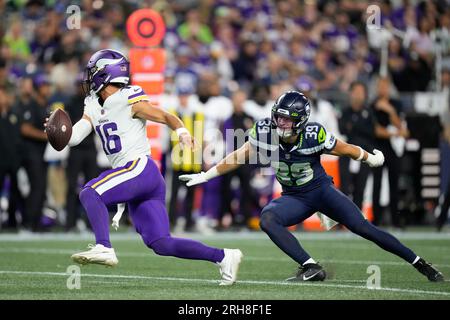 Seattle Seahawks safety Ty Okada (39) gets set during an NFL pre-season  football game against the Minnesota Vikings, Thursday, Aug. 10, 2023 in  Seattle. (AP Photo/Ben VanHouten Stock Photo - Alamy