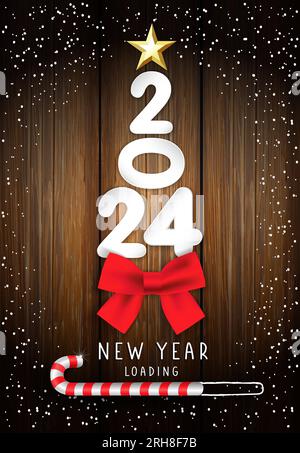 2024 New Year loading greeting card with paper numbers, red bow and golden star. Xmas greetings with 3d number 2024 and Christmas candy cane on wooden Stock Vector