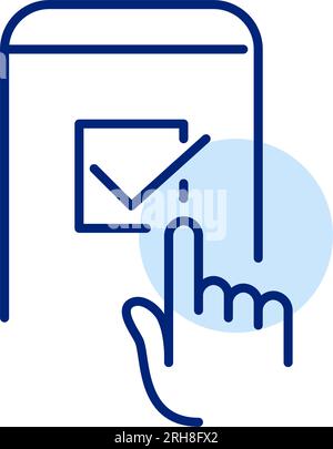 Finger tapping on check mark. Signing agreement or choosing from different options. Pixel perfect, editable stroke Stock Vector