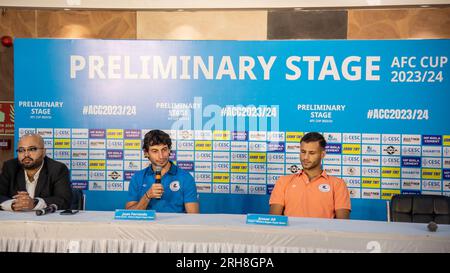 Kolkata, India. 15th Aug, 2023. Pre-match press conference of AFC Cup Preliminary Stage match between Mohunbagan Super Giant (India) vs machhindra FC (Nepal), at Yuba Bharati Krirangan Media Centre at salt lake stadium, Kolkata which is scheduled to be played on 16th October 2023. Mohunbagan Super Giant Head Coach Mr. Juan Ferrando and player Anwar Ali along with Mchhindra FC (Nepal)Head Coach Kishor kumar K C and player Bishal Sherstha addresses the media. (Photo by Amlan Biswas/Pacific Press) Credit: Pacific Press Media Production Corp./Alamy Live News Stock Photo