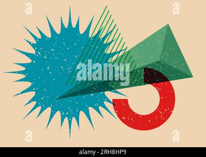Colorful geometric shapes. Object in trendy riso graph design. Geometry elements abstract risograph print texture style. Stock Vector