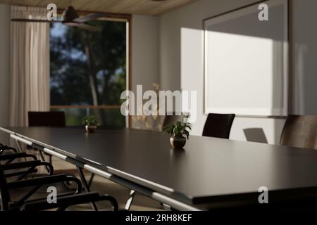 Close-up image of a modern dark hardwood meeting table in a modern contemporary meeting room or boardroom. 3d render, 3d illustration Stock Photo