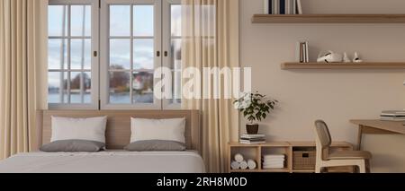 A Scandinavian minimalist bedroom interior with a comfy bed against the window with sheer curtains, a minimal wooden desk, a wooden cabinet, wall shel Stock Photo