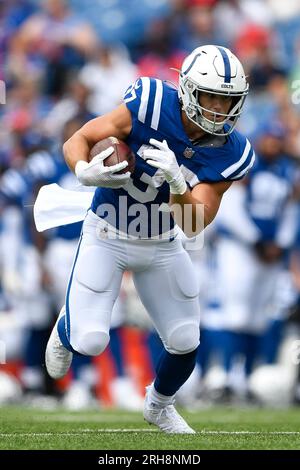 Buffalo Bills running back Darrynton Evans (37) runs the ball during an NFL  pre-season football game against the Indianapolis Colts, Saturday, Aug. 12,  2023, in Orchard Park, N.Y. Buffalo defeated the Colts