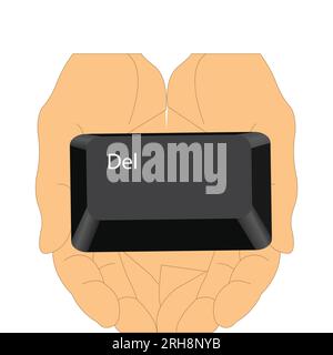 Hands holding the del button key from a keyboard Stock Vector