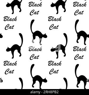 Seamless pattern of silhouette a black cat with lettering Black Cat. Happy National Black Cat Day. Isolate. Vector design for wrapping, wallpaper, poster, banner, greeting or invitation card, web. EPS Stock Vector