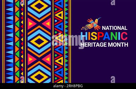 National hispanic heritage month decorative banner with ornament patterns and bird in traditional alebrije style. Vector background with bold colors, showcasing rich culture of hispanic communities Stock Vector