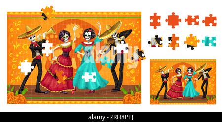 Dia de los muertos Mexican holiday characters. Jigsaw puzzle game pieces. Vector educational game worksheet with cartoon skeletons of Catrina dancers and mariachi musicians perform party event Stock Vector