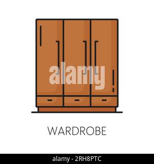 Wardrobe, furniture icon of home interior or room facility, vector line symbol. Wooden wardrobe closet or dresser with drawers in outline icon, living room or bedroom household furniture pictogram Stock Vector