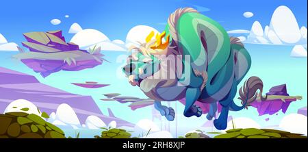 Dragon in sky air with floating island background. Beautiful cloudy summer illustration with flying rock platform and jumping fantasy mythology dinosaur. Cloudscape game nature day environment Stock Vector
