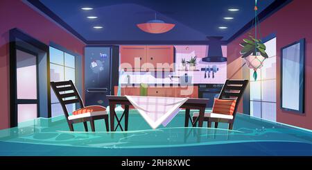 Flood in broken kitchen house room vector cartoon background. Pipe leak insurance problem in abandoned messy home. Leakage disaster damage on day scene with nobody and sewage on apartment floor. Stock Vector