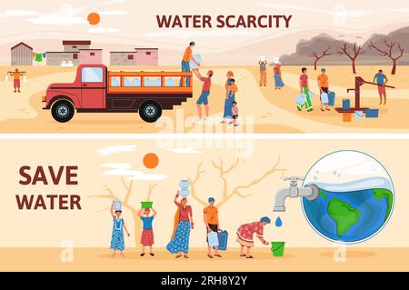 Water scarcity set of two horizontal banners with desert scenery human characters ground drought and text vector illustration Stock Vector