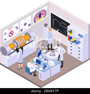 Nuclear energy fusion fission isometric composition with isolated view of laboratory room with group of scientists vector illustration Stock Vector