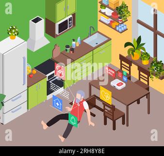 Senior medical emergency alert systems service isometric composition with home kitchen scenery and man got worse vector illustration Stock Vector