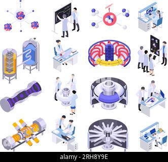 Nuclear energy fusion fission isometric set with isolated icons of atoms lab equipment and scientists characters vector illustration Stock Vector