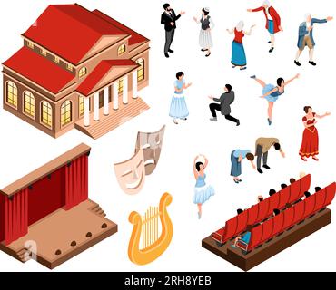 Theater isometric color set of playing actors dancers spectators stage auditorium theatre building isolated at white background vector illustration Stock Vector
