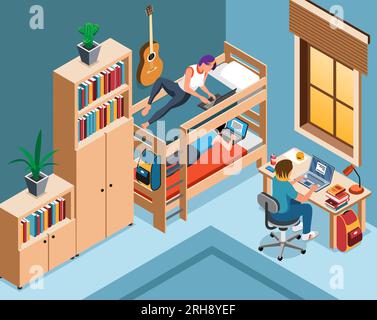 Student dormitory room isometric background with group of young people ...