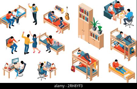 Student dormitory isometric set of furniture items and teens characters studying resting and sleeping isolated vector illustration Stock Vector