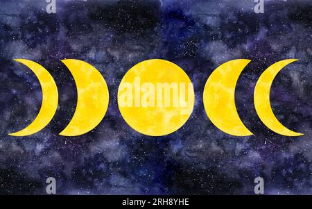 Yellow moon phases. Galaxy cycle from new to full moon. With beautiful texture. Hand draw watercolor illustration isolated on night sky background. Fo Stock Photo