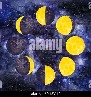 Yellow moon phases round. Galaxy cycle from new to full moon. With beautiful texture. Hand draw watercolor illustration isolated on night sky backgrou Stock Photo