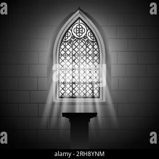 Stained glass mosaic church temple cathedral windows light composition with monochrome view of ornate light rays vector illustration Stock Vector