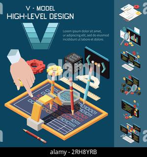 V model software development isometric composition with human hand pencils drawing code with gears and text vector illustration Stock Vector