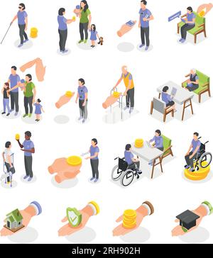 Social insurance benefits for disabled family education unemployed isometric icons set isolated vector illustration Stock Vector
