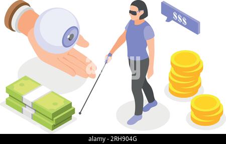 Social insurance financial support of disabled people isometric composition with blind woman and eye prosthesis 3d vector illustration Stock Vector