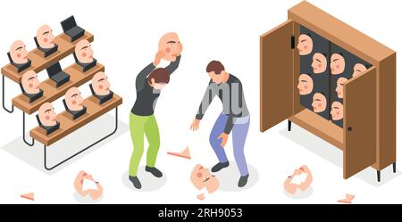 People breaking social masks to stop hiding personality and real emotions on society isometric composition vector illustration Stock Vector
