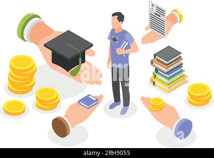 Social insurance isometric composition with poor man getting welfare for education vector illustration Stock Vector