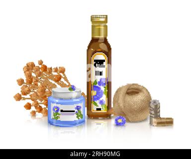 Realistic flax composition with oil bottle and weaving vector illustration Stock Vector