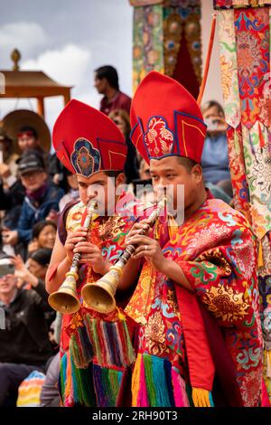 India, Ladakh, Leh Valley, Sakti, Takthok, Tak tok, Nying-ma-pa, Red Hat sect monastery, Tsechu, festival, musician monks Stock Photo