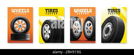 Realistic set of four colored posters representing car wheels and tires isolated vector illustration Stock Vector