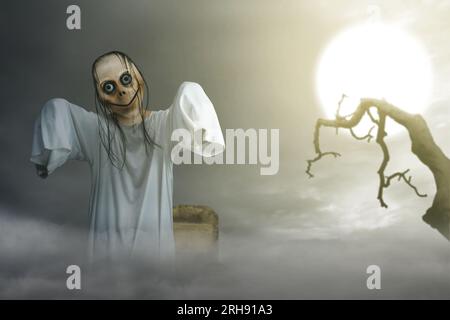 Scary Momo standing behind the wall in the dark background. Scary face for  Halloween. Halloween concept Stock Photo - Alamy