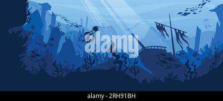 Underwater world pc game background with silhouette of ship on seabed in sunbeams falling from above flat vector illustration Stock Vector