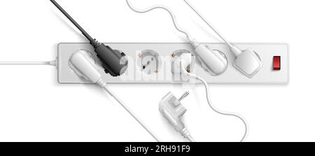 White electric extension cord of euro standard with turn on and off switch and inserted plugs realistic vector illustration Stock Vector